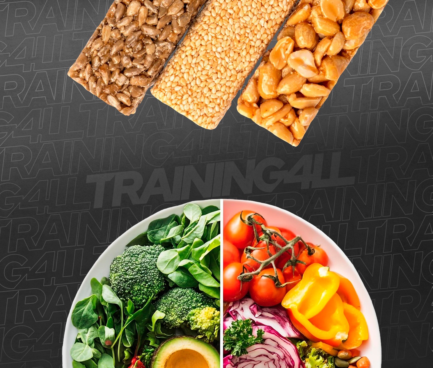 Plato de comida saludable y barritas energéticas
